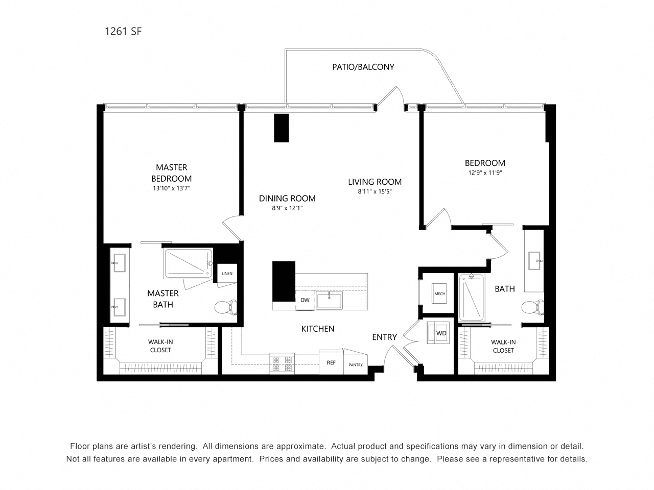 Floor plan for 2 beds, 2 baths, 1261 sqft